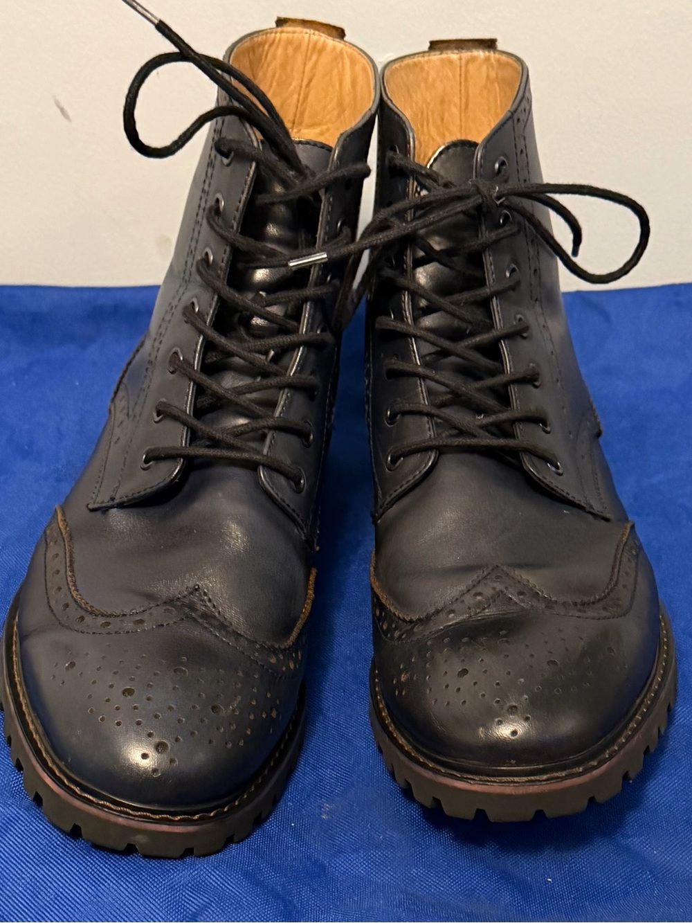Navy blue 100% Leather Wingtip Lace-Up Boots
